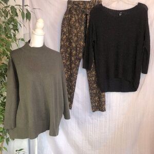 LOFT sz MP & H&M sz M oversized chunky green black sweaters & JL paperback pants